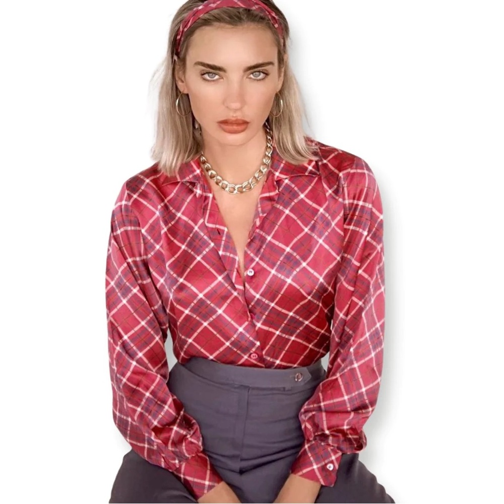 Vintage Yves Saint Laurent plaid Silk Blouse with Bow